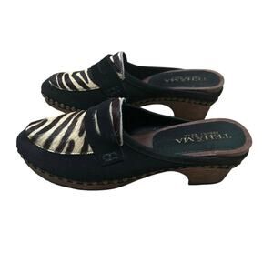 Tehama Zebra Calf Hair Mule Loafers Size 8 Wood Heel Studded Y2K Boho Clog